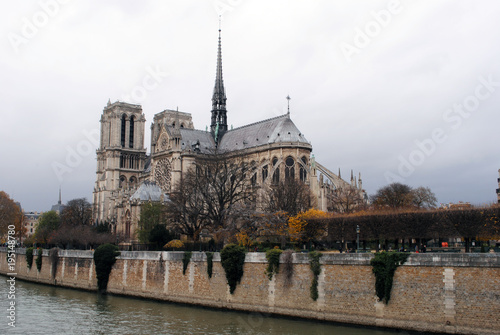 Cityscape of Paris with a view of the cathedral Notre Dame in autumn.