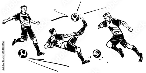Soccer vector illustration. Three players in soccer. Black figure on a white background.