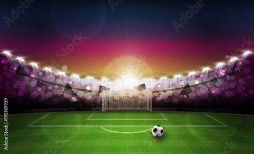 Football arena field with bright stadium lights and evening sunset vector design. Vector illumination