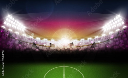 Football arena field with bright stadium lights and evening sunset vector design. Vector illumination