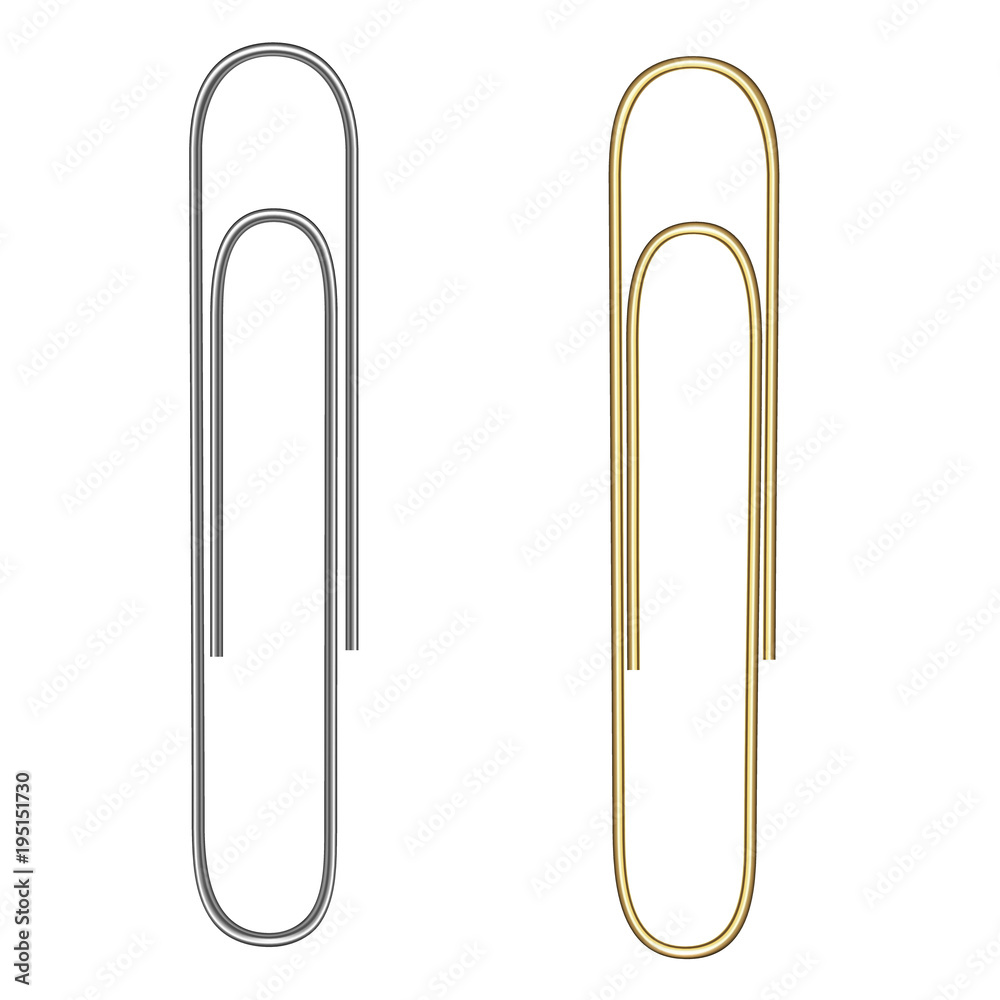 Vector realistic paper clip. Paper clip for gold and silver colors. Isolated on white. Gold and silver gradient. Vector EPS 10. Vector realistic paper clip. Paper clip for gold and silver colors. Isolated on white. Gold and silver gradient. Vector EPS 10.