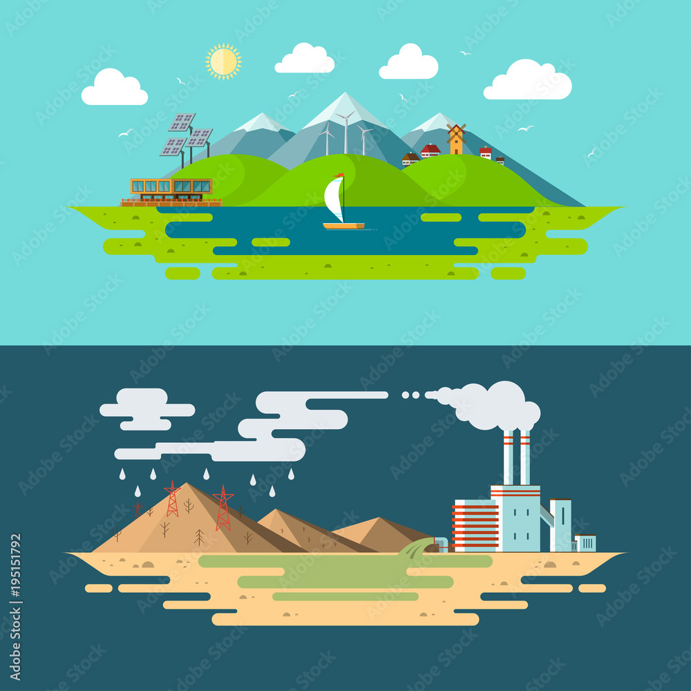 Ecology, environment, nature pollution, green energy, eco life, emissions, planet conservation concept illustrations in flat design style.