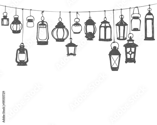 Hunging lanterns. Black on white doodle illustration