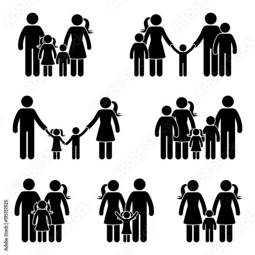 Stick figure family icon set. Vector illustration of people in different age on white.