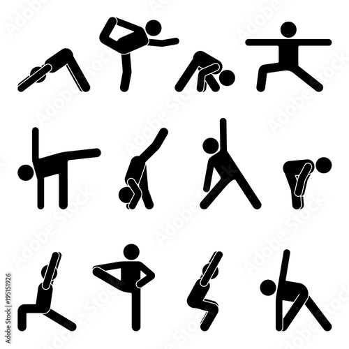 Stick figure basic yoga position set. Vector illustration of sportsman pictogram on white