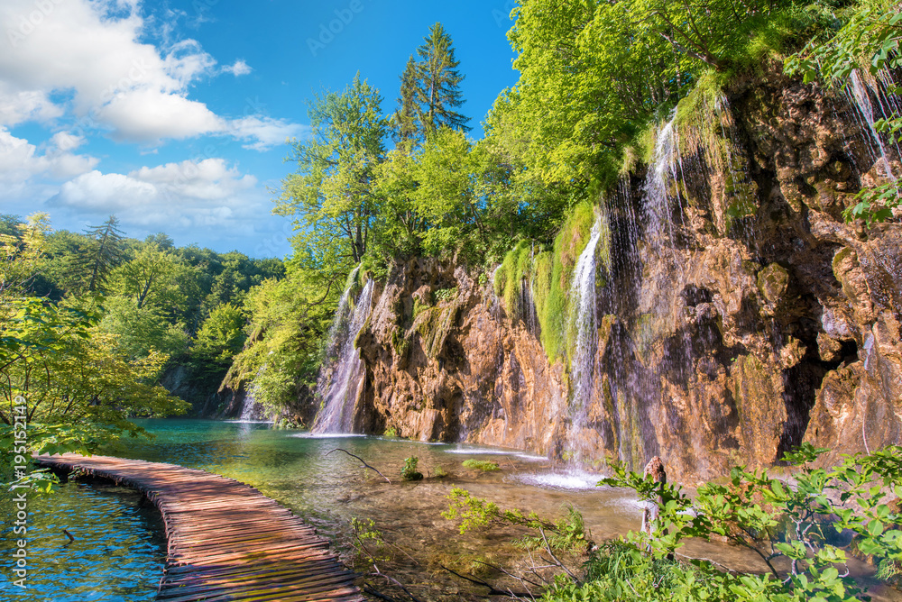 Incredibly beautiful fabulous magical landscape with a bridge near the waterfall in Plitvice, Croatia (harmony meditation, antistress - concept)