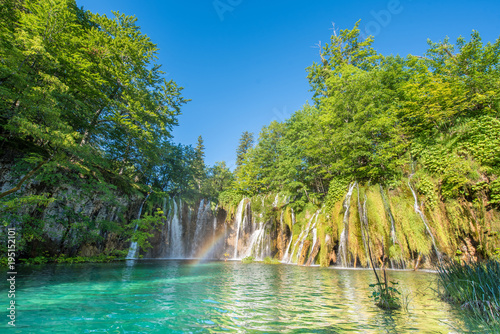Fototapeta Naklejka Na Ścianę i Meble -  Incredibly beautiful fabulous magical landscape with a bridge near the waterfall in Plitvice, Croatia (harmony meditation, antistress - concept)