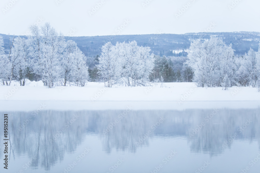 Beautiful frozen river with a trees on a bank. White winter landscape of central Norway. Light scenery. Beautiful frozen river with a trees on a bank. White winter landscape of central Norway. Light scenery.