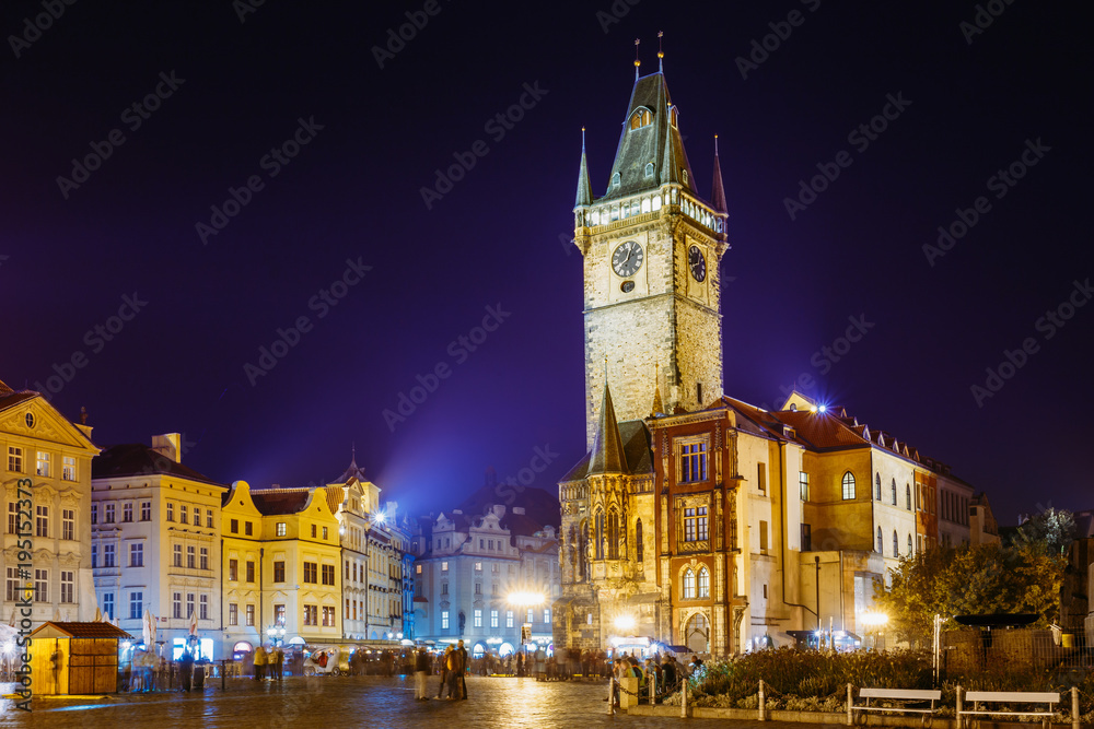 Prague, Czech Republic. Night View Of The Old Town Hall In The Old Town