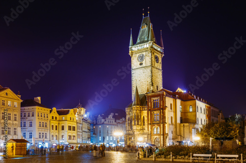 Prague, Czech Republic. Night View Of The Old Town Hall In The Old Town