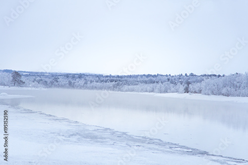 Beautiful frozen river with a trees on a bank. White winter landscape of central Norway. Light scenery.