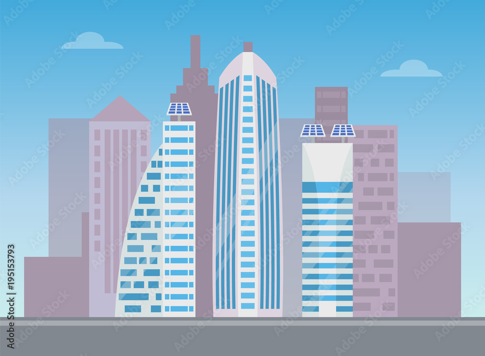 Three White Modern Buildings, Colorful Banner