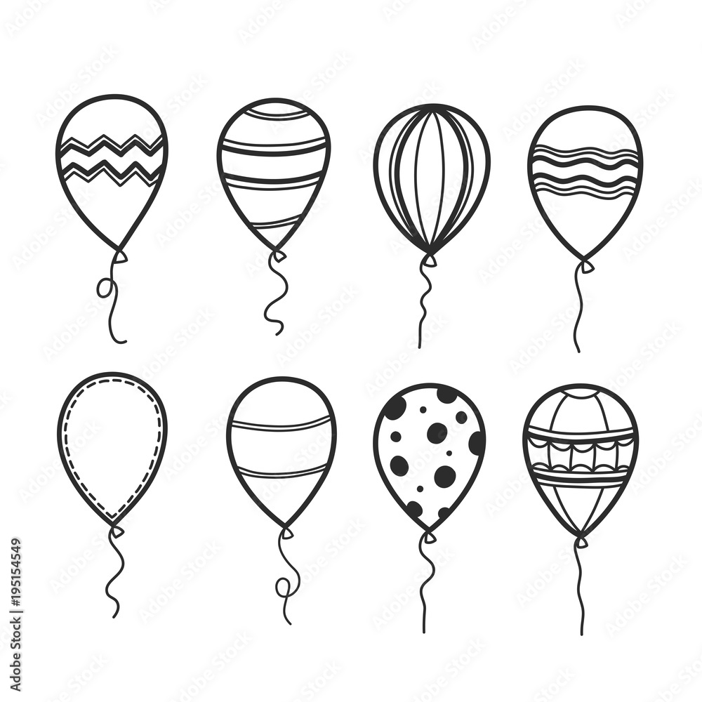 Hand-drawn doodle balloons have many styles for decorating. Vector illustration.