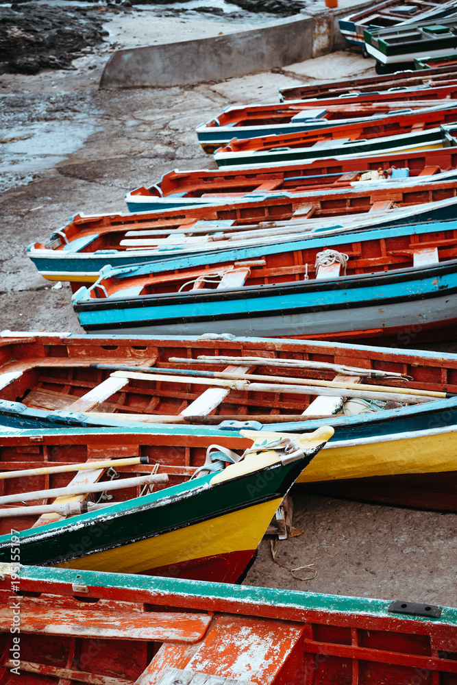Traditional fishing boats in the fishing harbor. Ponta do Sol Santo Antao Cape Verde