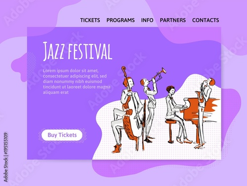 Jazz music festival, quartet in concert. Vector illutration, design template of music site header, banner or poster.