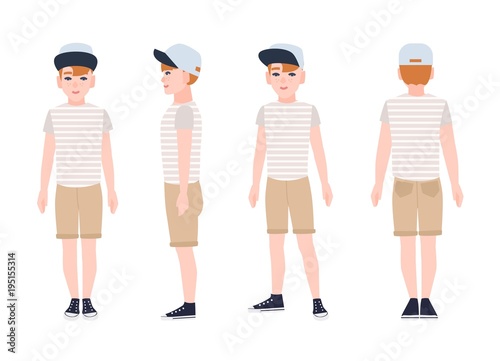 Redhead teenage boy, teen or teenager wearing cap, t-shirt, shorts and sneakers. Flat cartoon character isolated on white background. Front, side and back views. Colored vector illustration.