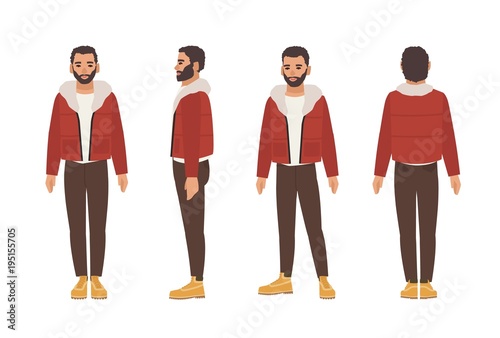 Cute smiling dark haired caucasian man with beard dressed in brown trousers a...