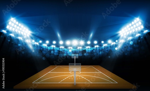Basketball arena field with bright stadium lights design. Vector illumination
