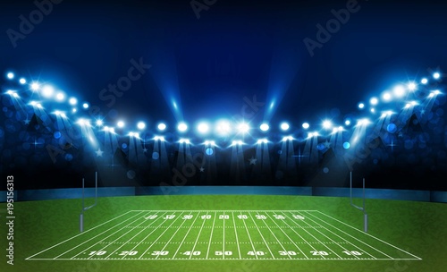 American football arena field with bright stadium lights design. Vector illumination