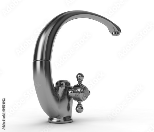 Chrome tap with a water stream isolated on white 3d illustration.