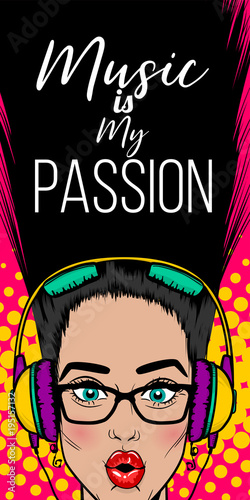 Wow face pop art style beautiful woman. Girl in sunglasses earphones shocked face vintage. Disco music banner. Vintage poster WOW SALE kitsch advertise. Summer party music my passion phrase.