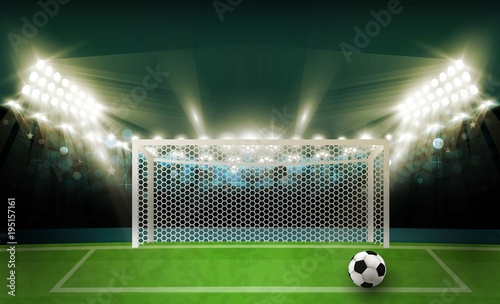 Football arena field with bright stadium lights design. Vector illumination