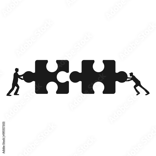 Business concept illustration of two businessmen pushing two jigsaw pieces