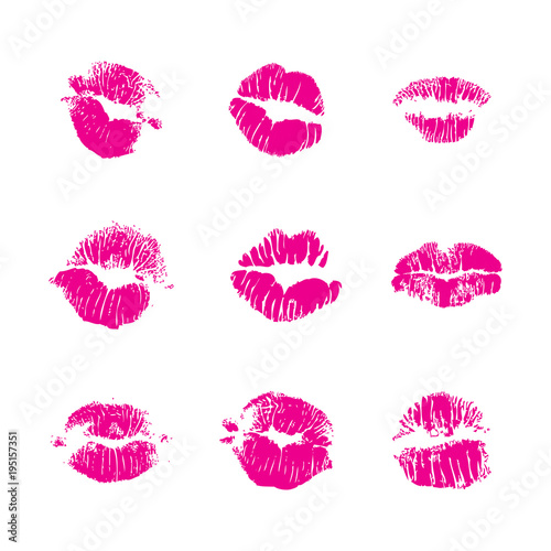 Set of fashion beauty women lips isolated on white background. Various shape sending kisses. Girls red lips close up.