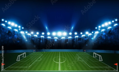 Football arena field with bright stadium lights vector design. Vector illumination