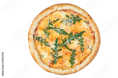 Delicious italian pizza over white background view from top
