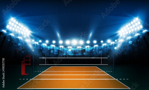Volleyball court arena field with bright stadium lights design. Vector illumination