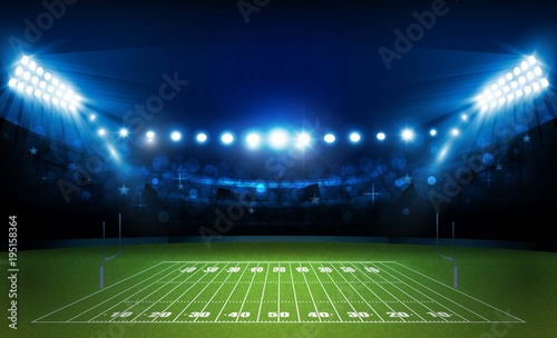 American football arena field with bright stadium lights design. Vector illumination photo