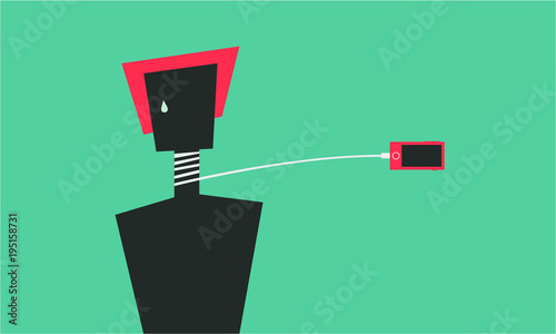 Phone charger wire around man neck. Death by technology concept. Smartphone killing people. Man crying. man choking from wire strangled around the neck. modern pop art. vector illustration