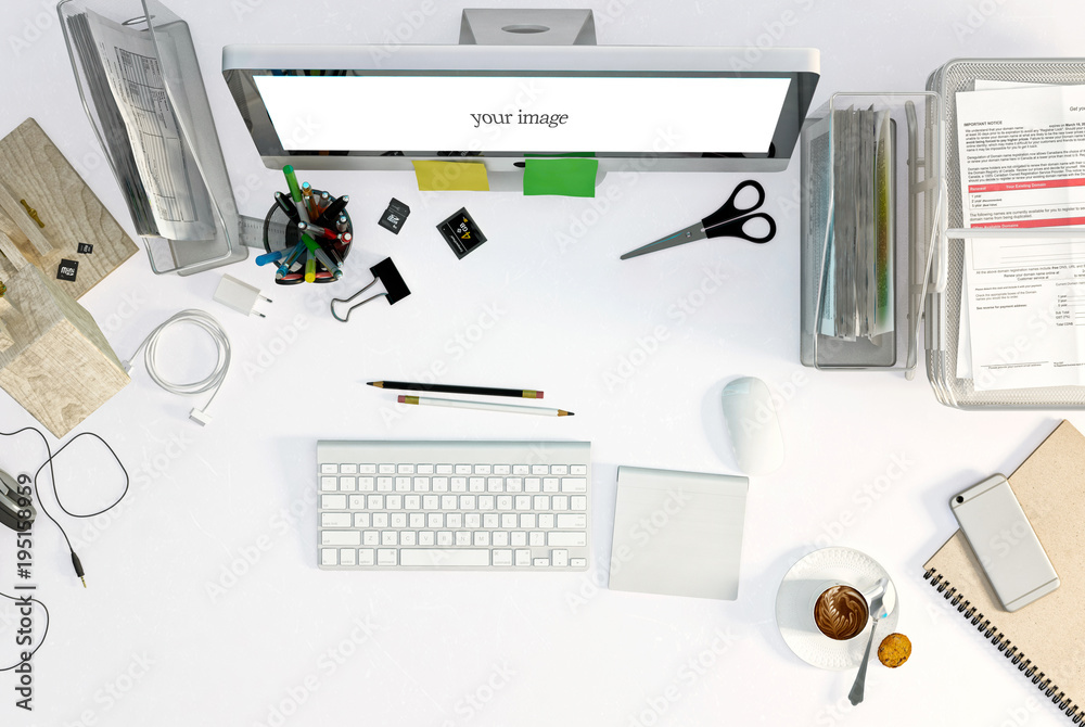 Desktop table with computer mock up, smartphone , supplies, top view. 3D illustration Desktop table with computer mock up, smartphone , supplies, top view. 3D illustration