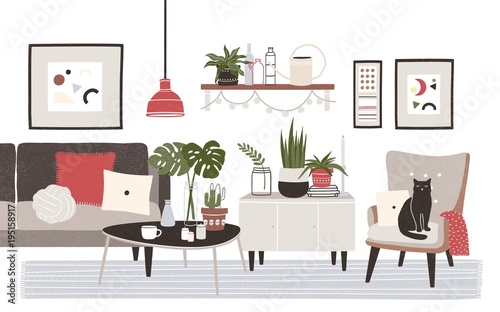 Living room full of cozy furniture and home decorations - sofa, armchair, coffee table, shelf, wall pictures, potted plants. Apartment furnished in modern Scandinavian style. Flat vector illustration.