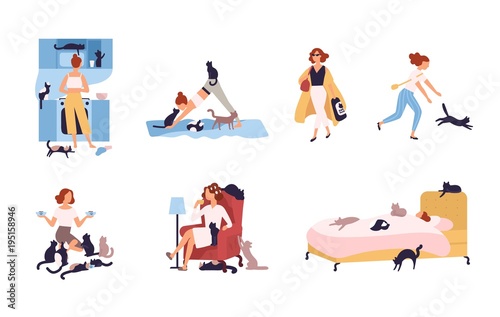 Set of crazy cat lady performing her daily activities being surrounded by pets - sleeping, doing yoga, drinking coffee. Funny cartoon characters isolated on white background. Vector illustration.