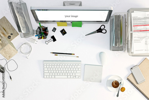 Desktop table with computer mock up, smartphone , supplies, top view. 3D illustration