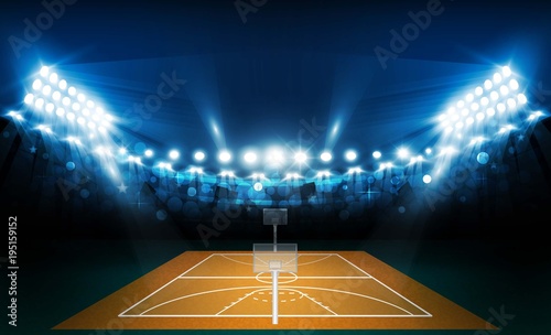 Basketball arena field with bright stadium lights design. Vector illumination