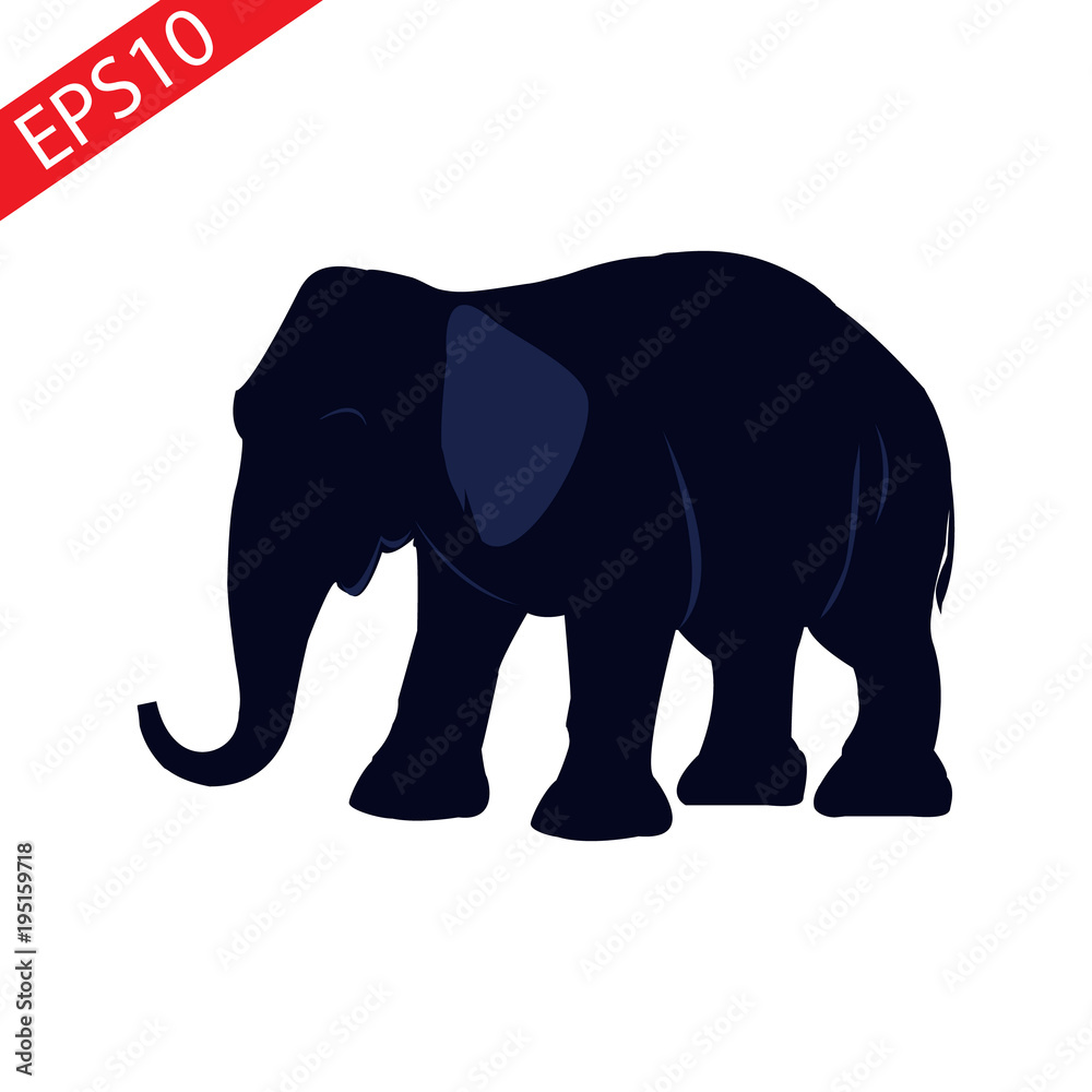 Obraz premium Elephant large cartoon mammal isolated on white. African bush or forest elephant and Asian elephant. Has large ears, concave back, wrinkled skin, sloping abdomen. Sticker for children. Vector