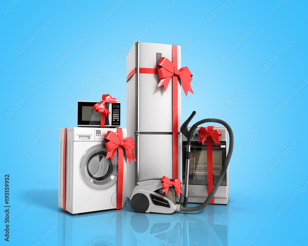 Home appliances as a gift Group of white refrigerator washing machine stove  microwave oven vacuum cleaner with red strip on blue background 3d Stock  Illustration | Adobe Stock