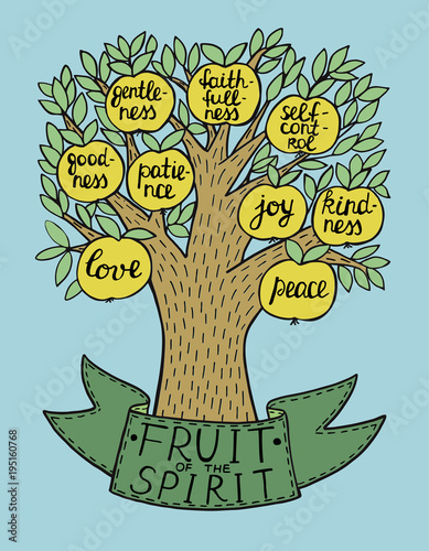 Hand lettering with bible verse The fruit of the Spirit with tree. Galatians