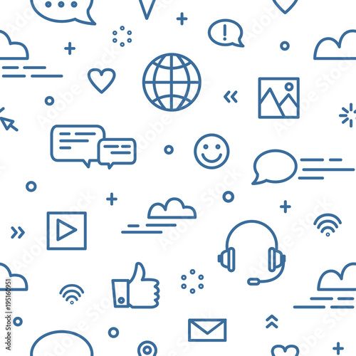 Seamless pattern with social media and networking, global internet communication, chatting and instant messaging symbols on white background. Vector illustration in line art style for wallpaper.