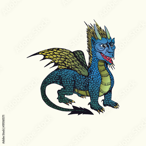 Blue (wind or water) horned dragon with wings, hand drawn doodle sketch, isolated vector outline illustration