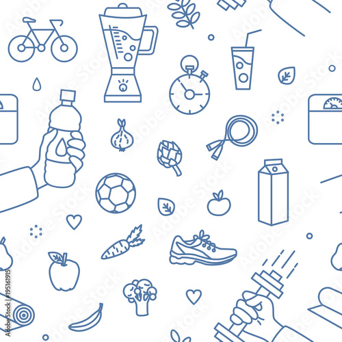 Modern seamless pattern with healthy lifestyle attributes drawn with blue contour lines on white background - sports equipment, wholesome food. Monochrome vector illustration in line art style.