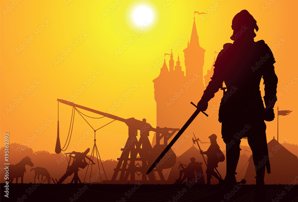 Medieval knight with the camp and castle on background - obrazy, fototapety, plakaty 