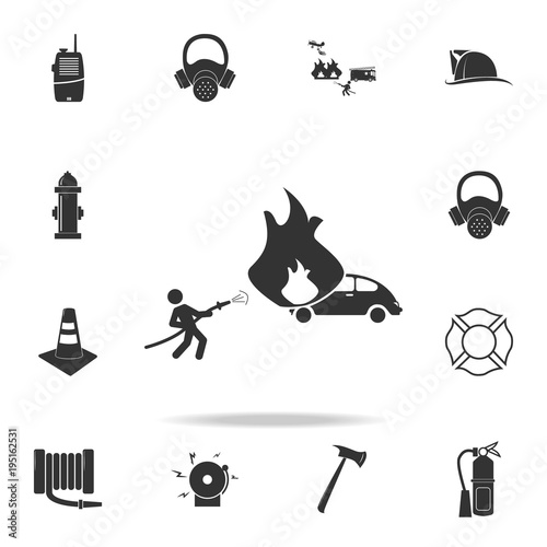 firefighter extinguish a fire extinguisher car icon. Detailed set icons of firefighter element icons. Premium quality graphic design. One of the collection icons for websites