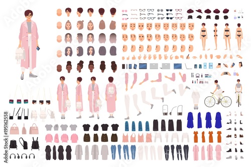 Fashionable young girl creation set or DIY kit. Collection of body parts, trendy clothes, stylish accessories, faces, postures. Female cartoon character. Front, side, back views. Vector illustration.