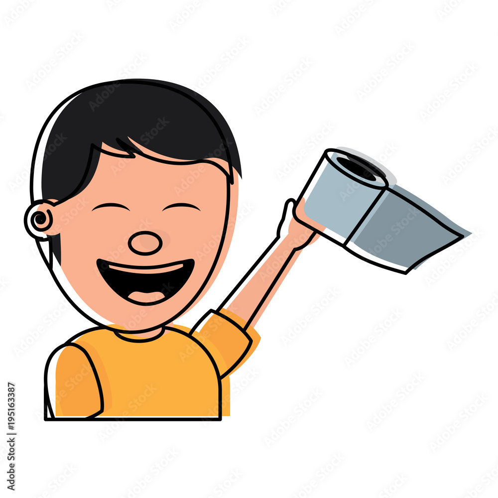 portrait young man smiling toilet paper raised hand portrait young man smiling toilet paper raised hand