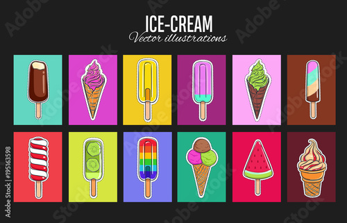 Ice cream vector collection. Isolated objects. Colorful Labels  Stickers