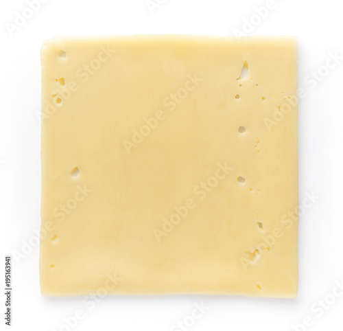 Cheese slices isolated on white, from above